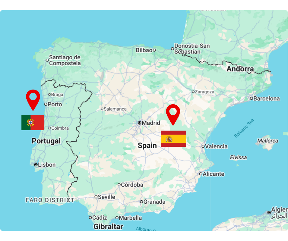 Mapa de España y Portugal con marcadores