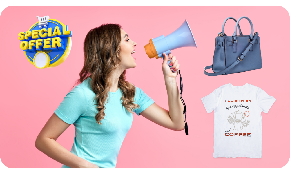 Anuncio con productos y megáfono